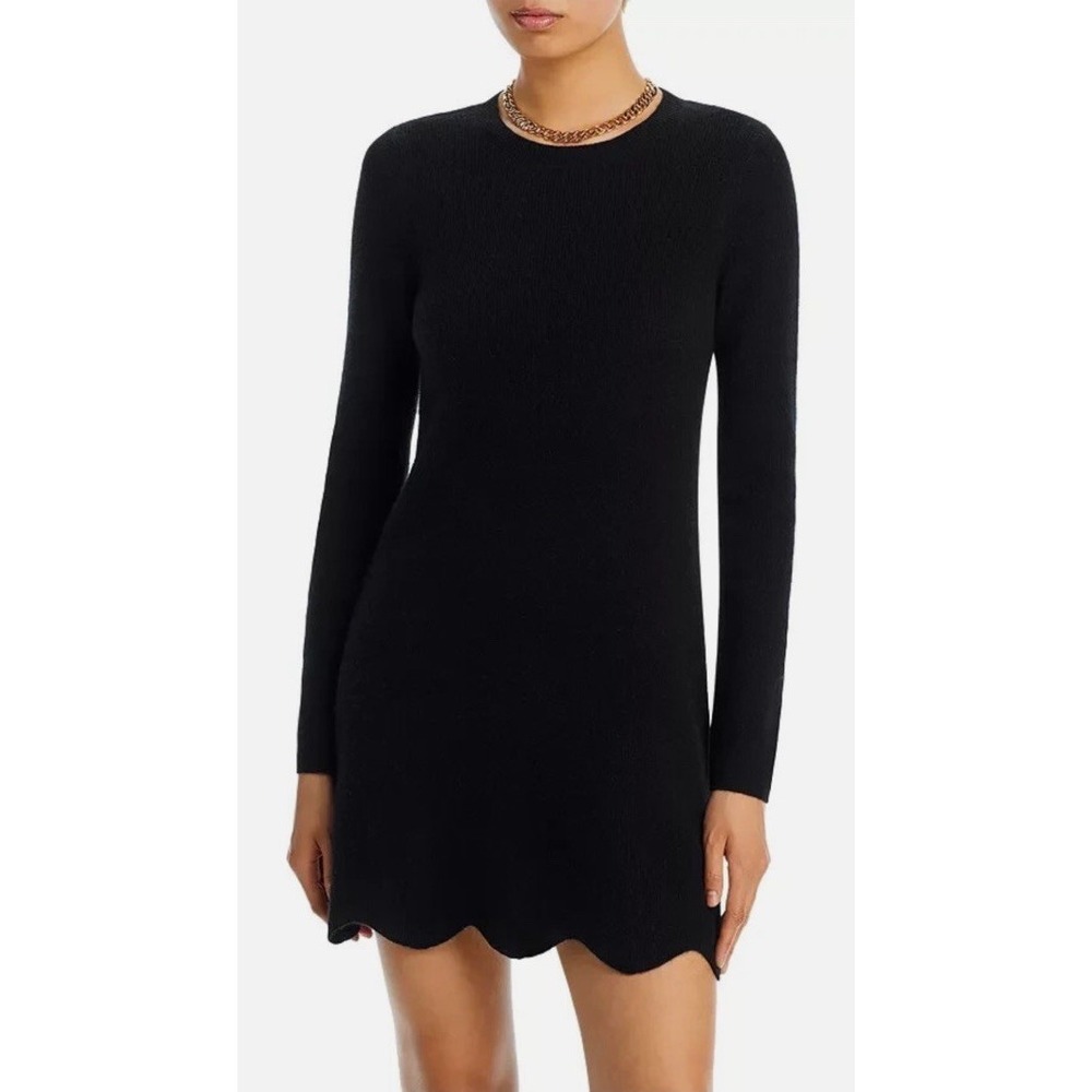 Aqua Cashmere Ribbed Mini Dress Scalloped Hem Black 100% Cashmere Size M